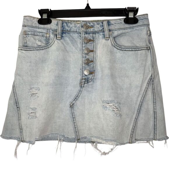 WE THE FREE Distressed Button Fly Denim Mini Skirt - Picture 1 of 7
